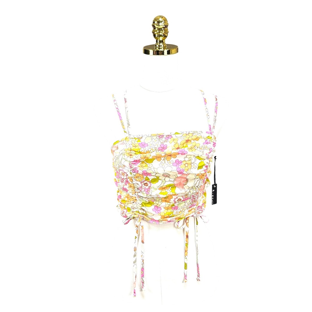 NWT 3rd + Malt Womens Floral Ruched Crop Top Pink‎ Yellow Smocked Back Size LG
